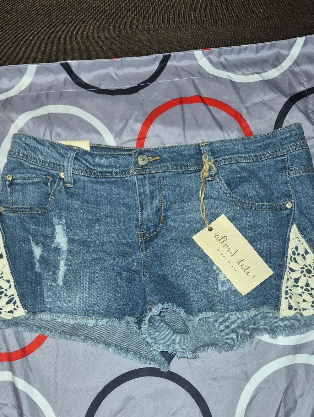 Altar'd State Blue Denim Crochet Trim Shorts